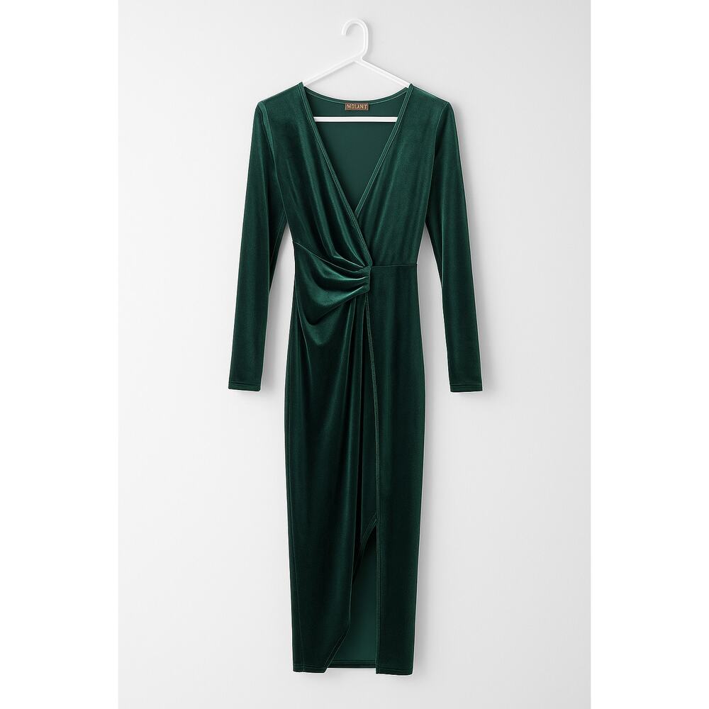 Nashalyly Emerald Green Velvet Long Sleeve Wrap Maxi Dress NWOT | Size L
